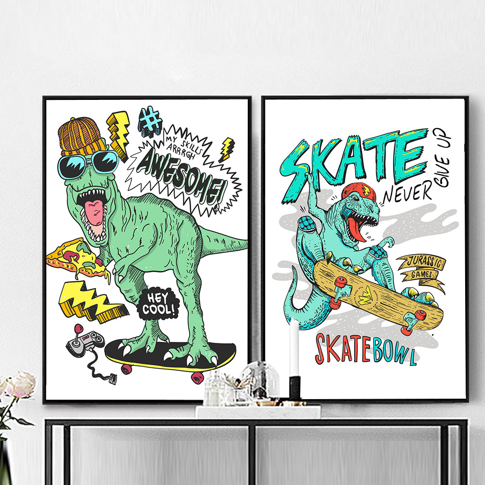 패션 동물 포스터 및 프린트 스케이트 보드에 멋진 공룡 캔버스 회화, 추상 벽 그림, 거실 홈 장식